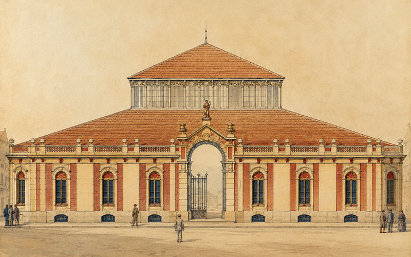 Ilustración histórica del proyecto arquitectónico original del Mercado Central de Almería
